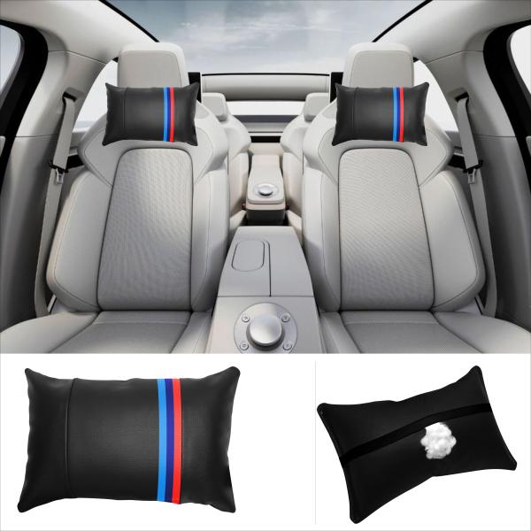 2 Stück Auto Nackenkissen Nackenpolster Leder M DESIGN Schwarz Blau Rot Hellblau