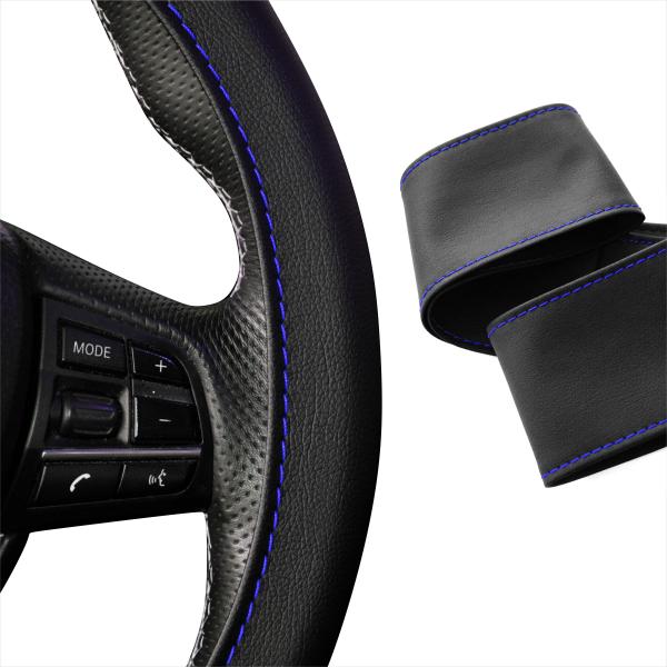 XSLIM1 Ultra Slim Lenkradbezug Leder Schwarz mit Blau Naht für Lenkräder 37-38cm Durchmesser